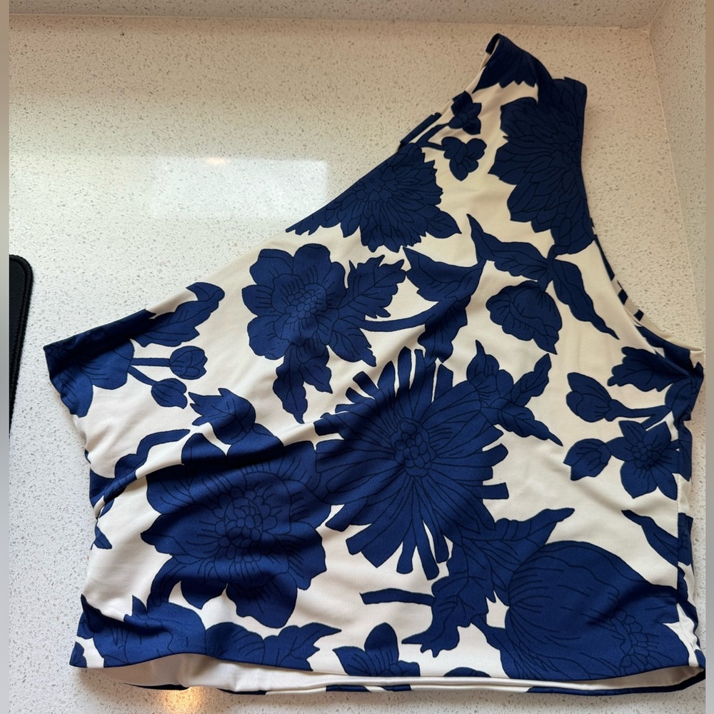 H&M Floral One-Shoulder Crop Top in Blue and White